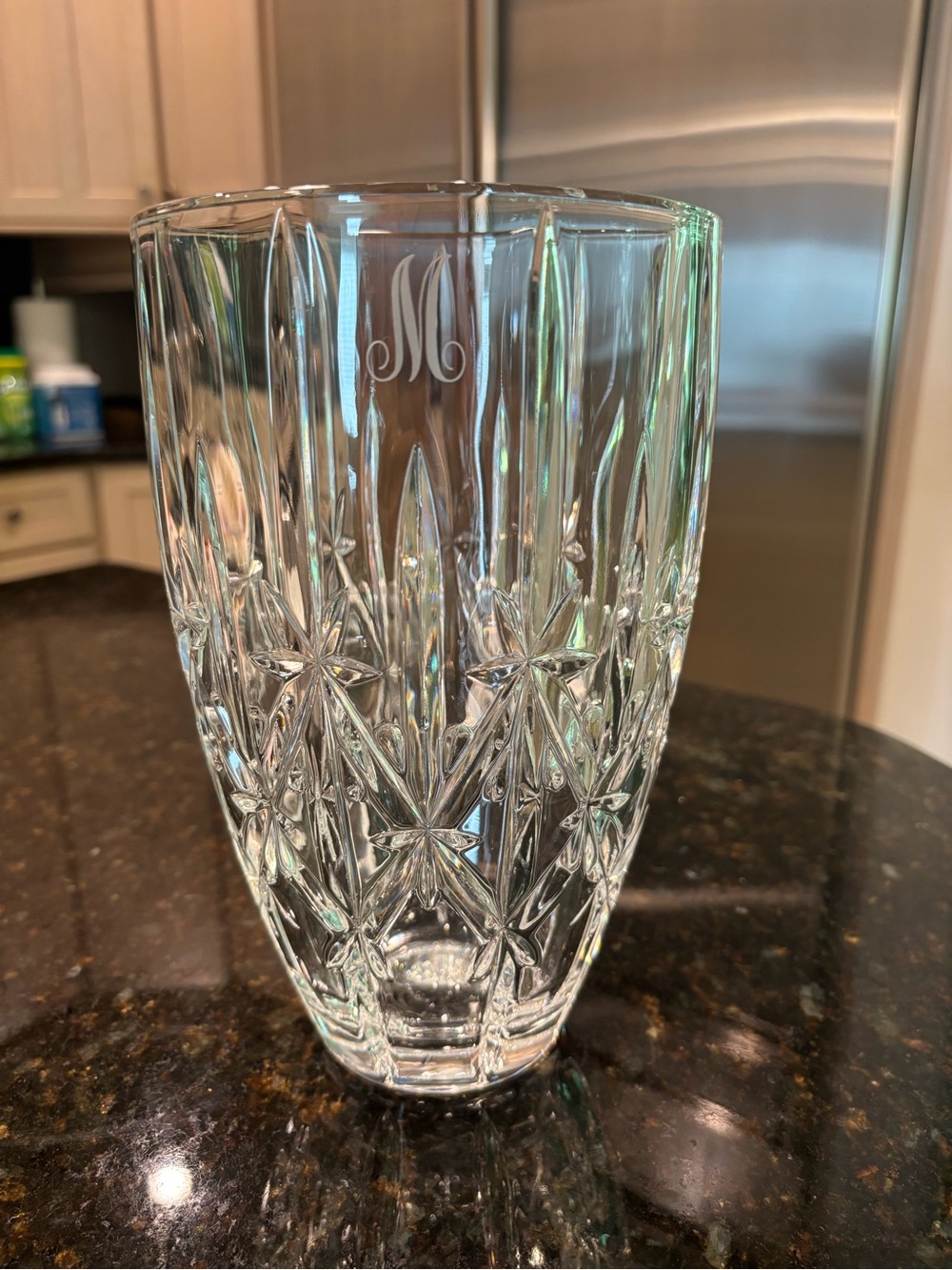 Marquis by Waterford Sparkle 9" Crystal Glass Vase. MONOGRAMMED with Initial “M”